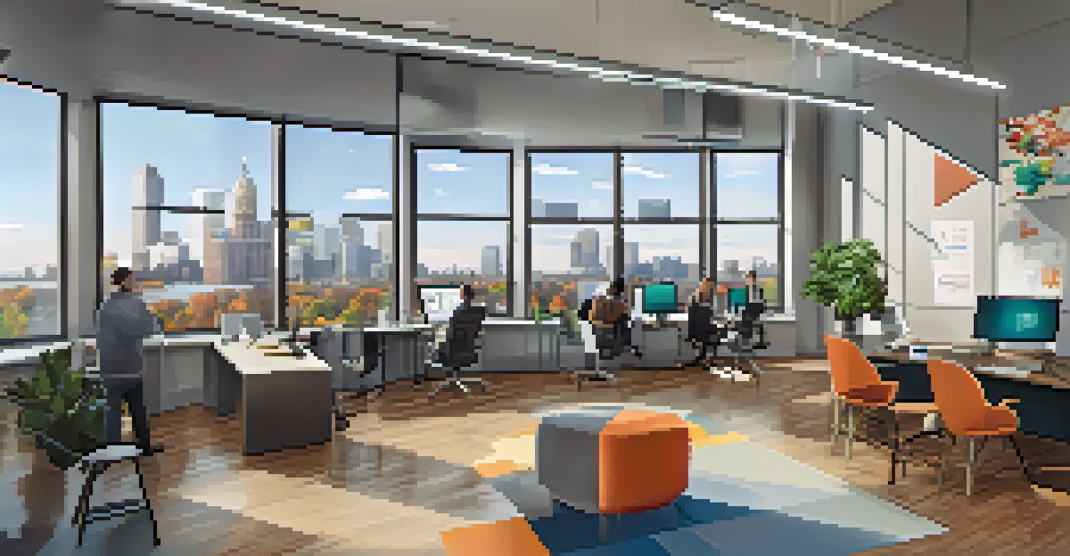 An innovative startup office in Buffalo with bright colors and young professionals collaborating, featuring whiteboards and city views.