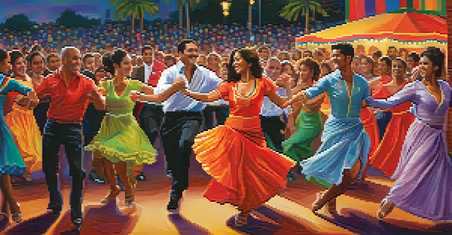 Dancers in traditional attire performing a salsa dance on stage at a festival, with an enthusiastic audience watching.