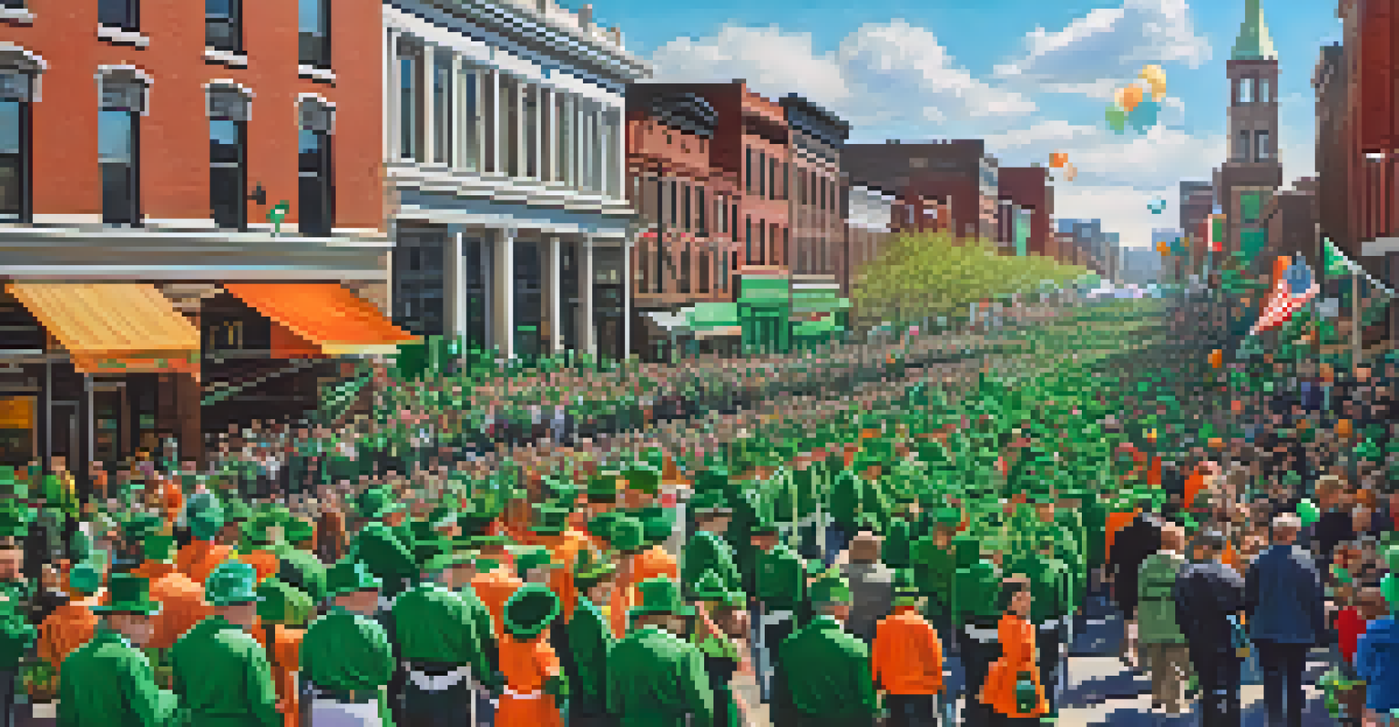 A colorful St. Patrick's Day parade in Buffalo with diverse crowds, festive floats, and a celebration of Irish heritage.