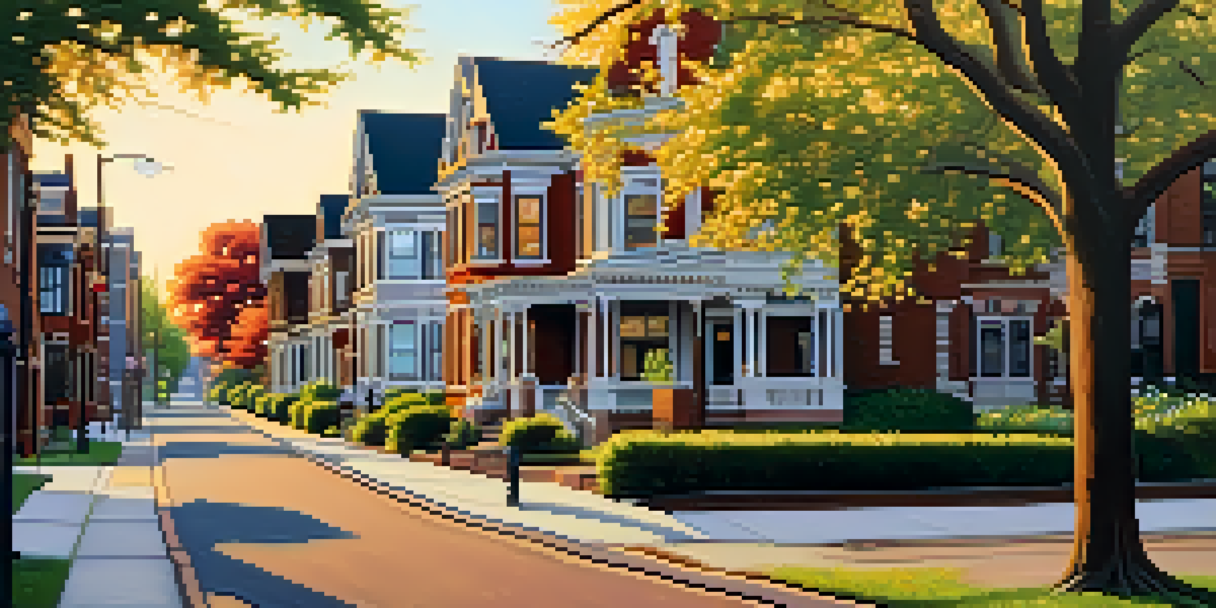 A view of Allentown's historic district in Buffalo, featuring Victorian mansions and flowering trees under warm golden hour light.