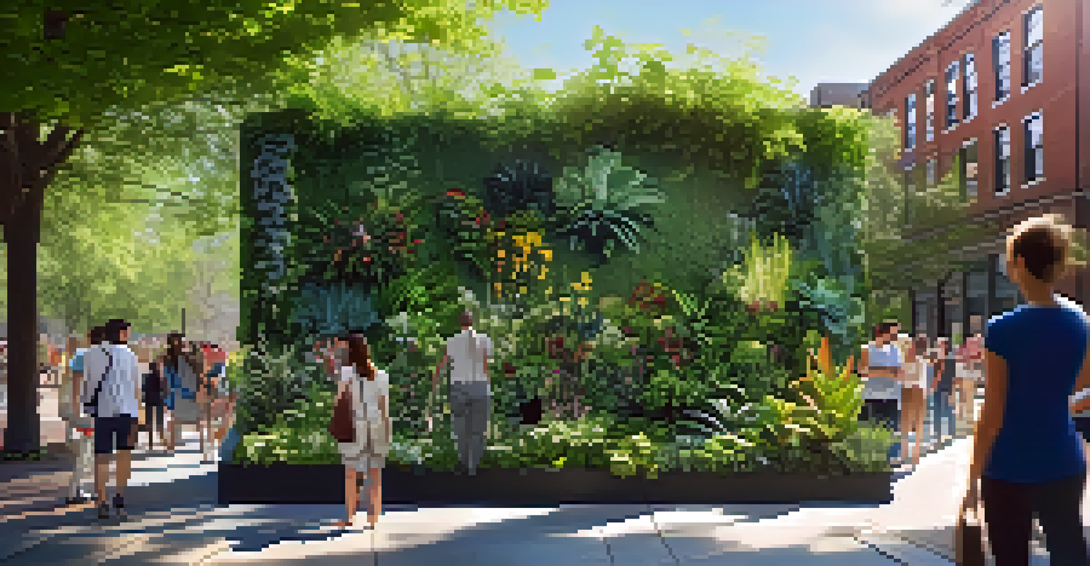 A living green wall art installation in an urban park in Buffalo, with people enjoying the space.