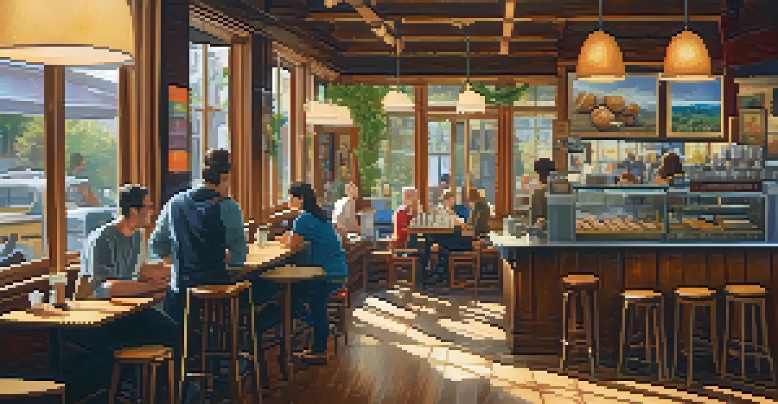 A cozy cafe with patrons enjoying coffee and pastries, featuring local art on the walls and a bright atmosphere.