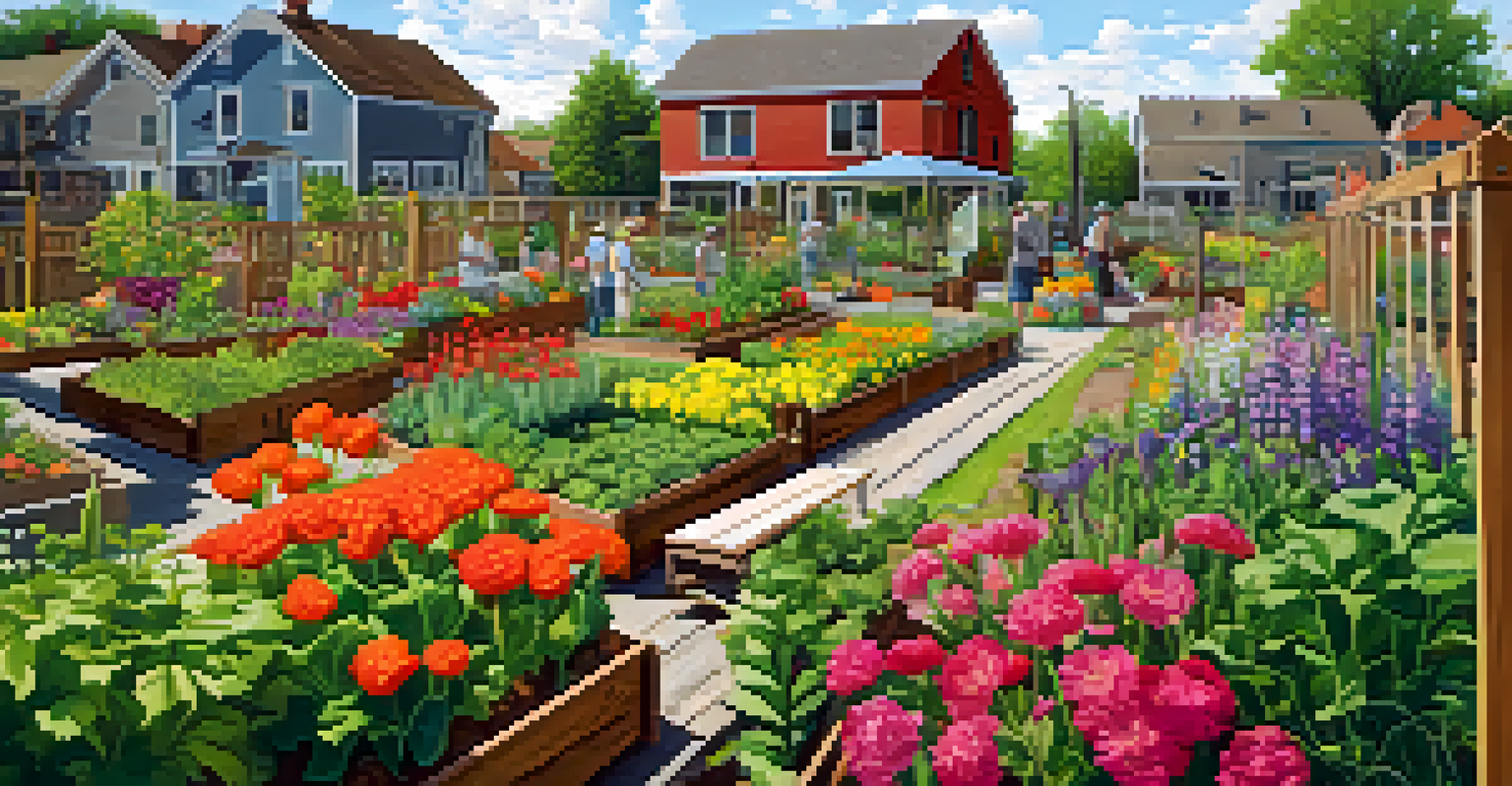 Community garden on Buffalo's West Side with residents gardening among colorful flowers and vegetables.