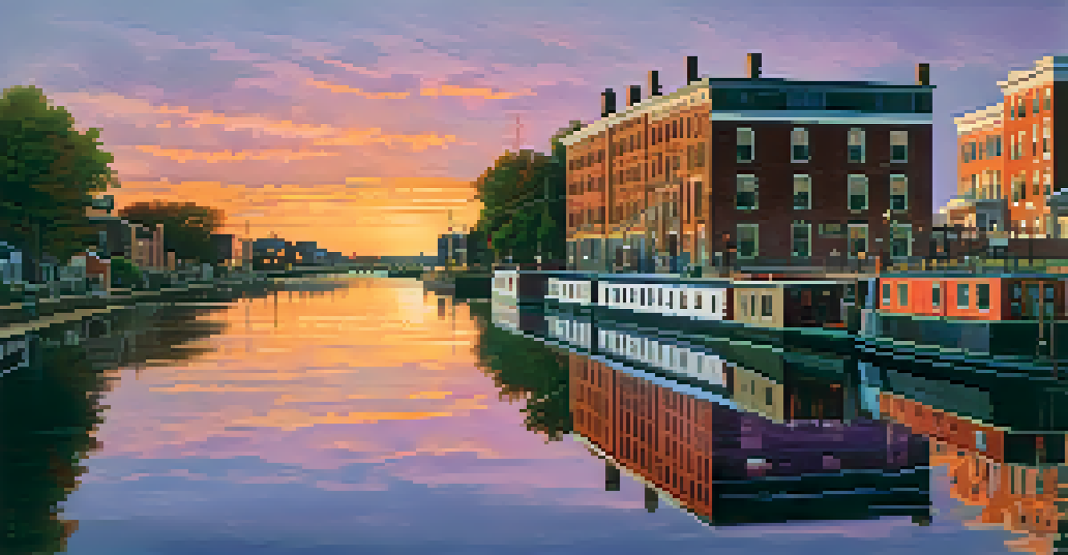 The Erie Canal at dusk, showcasing reflections of historic buildings and a colorful sunset sky.