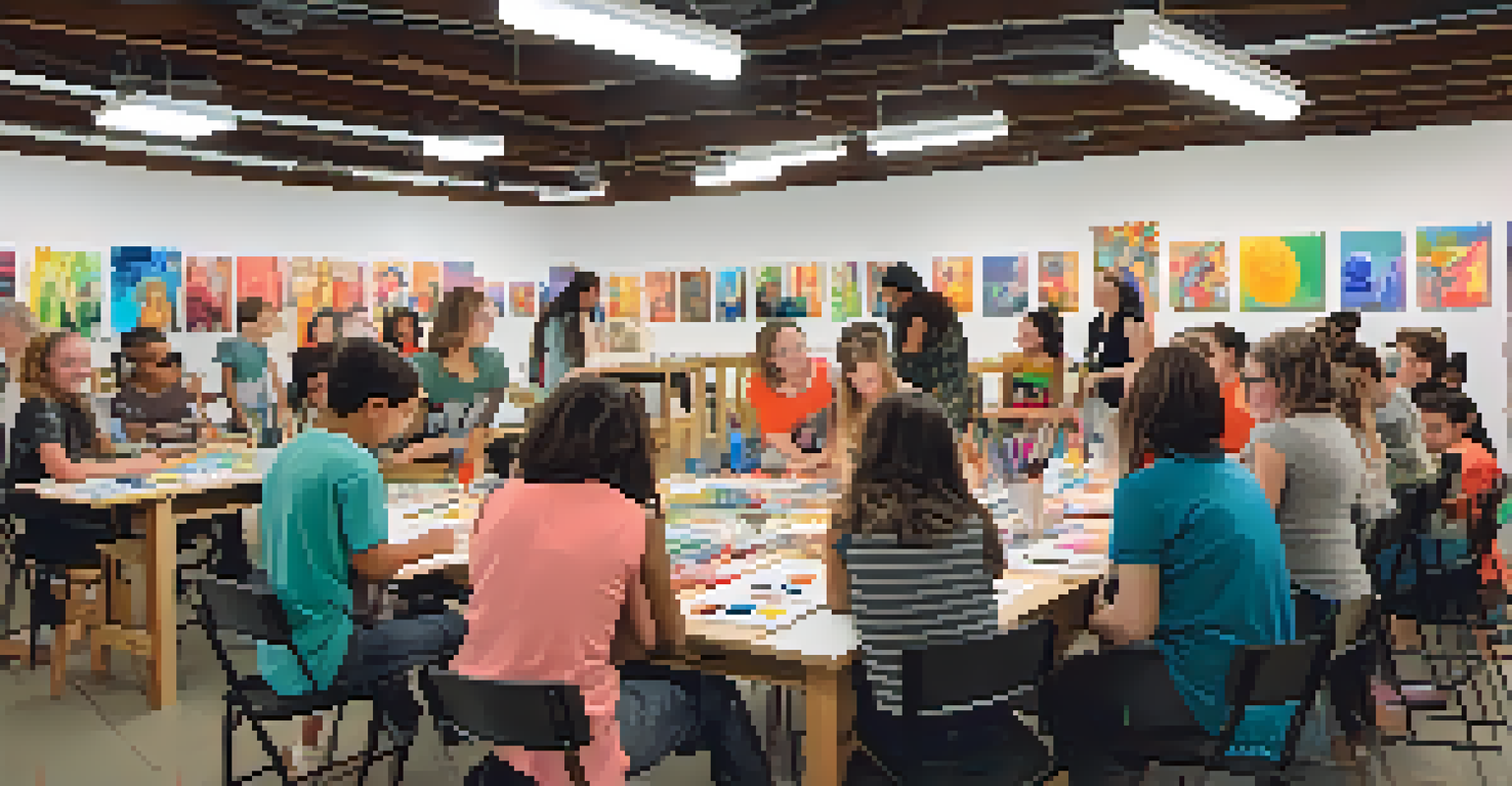 A community art workshop in Buffalo with participants of all ages creating art together, surrounded by colorful supplies.