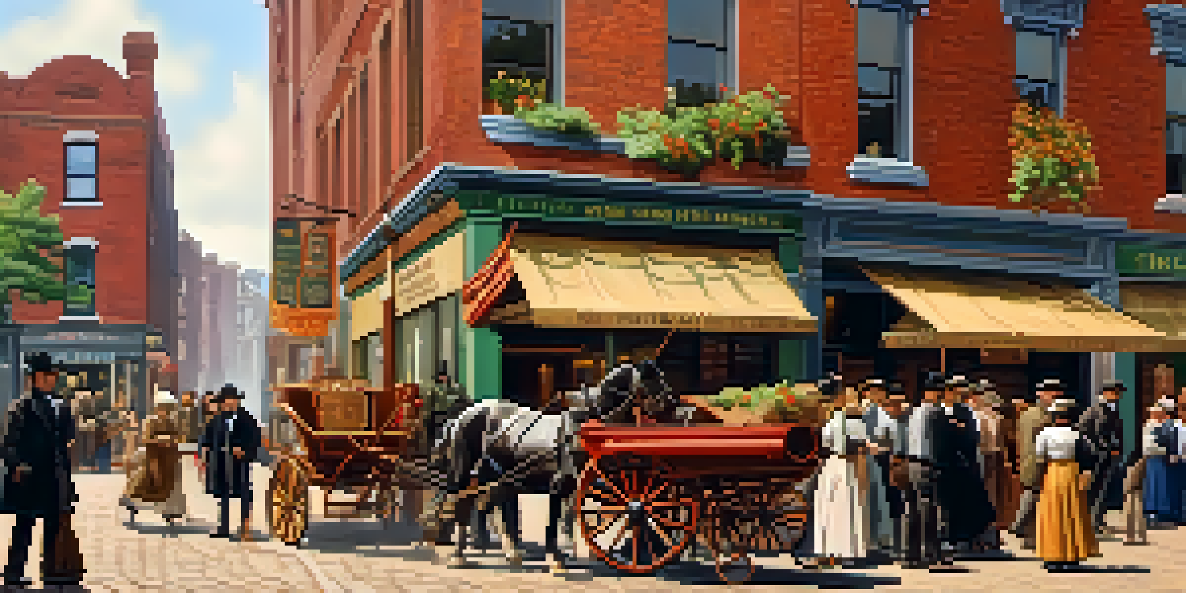 A lively street scene from the 19th century in Buffalo, showcasing Irish immigrants in period clothing, red brick buildings, and a sunny atmosphere.