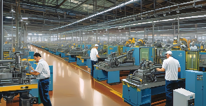 A busy manufacturing facility in Buffalo with workers and advanced machinery, including robotic arms and 3D printers, illuminated by bright lights.