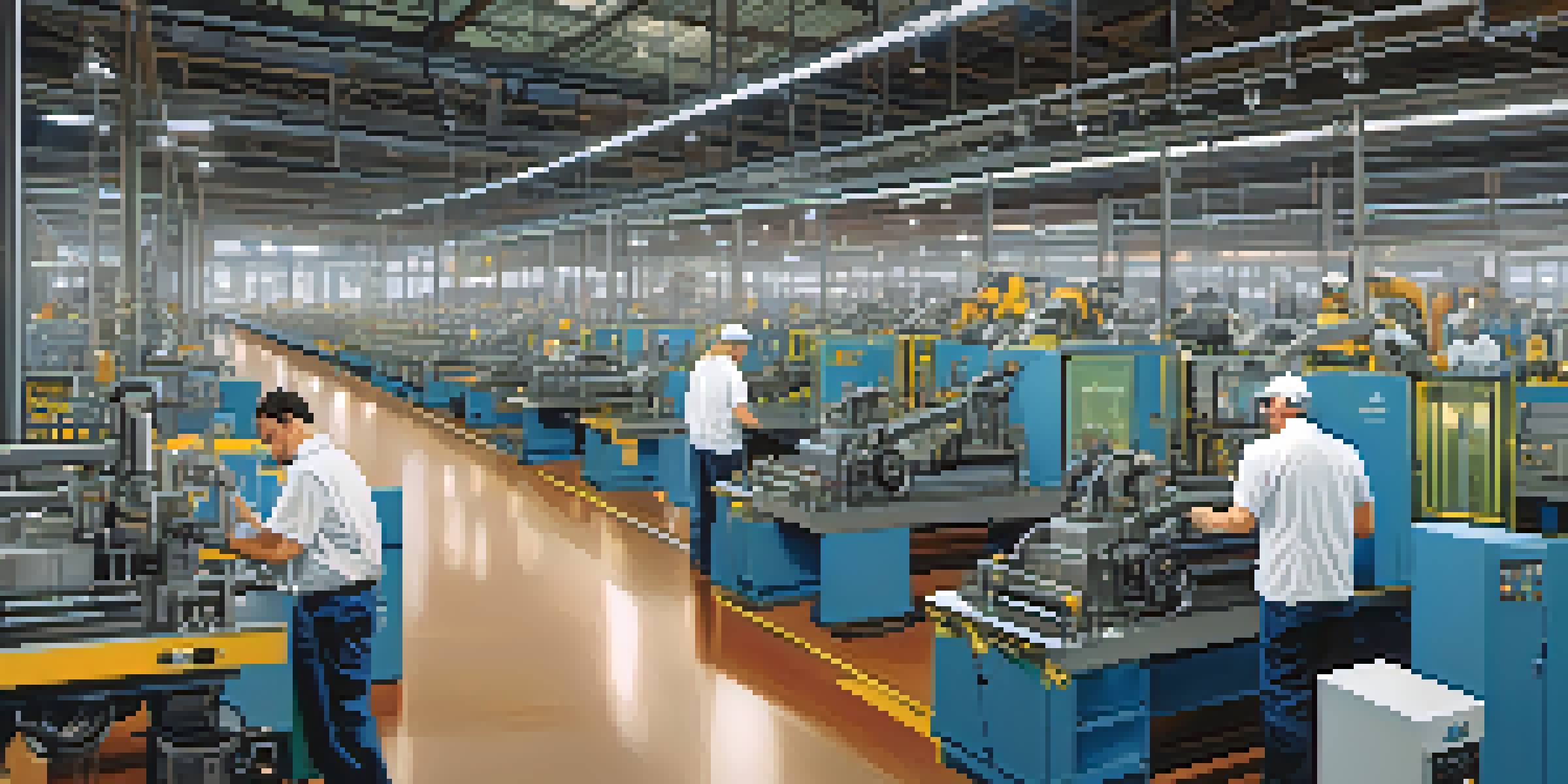 A busy manufacturing facility in Buffalo with workers and advanced machinery, including robotic arms and 3D printers, illuminated by bright lights.