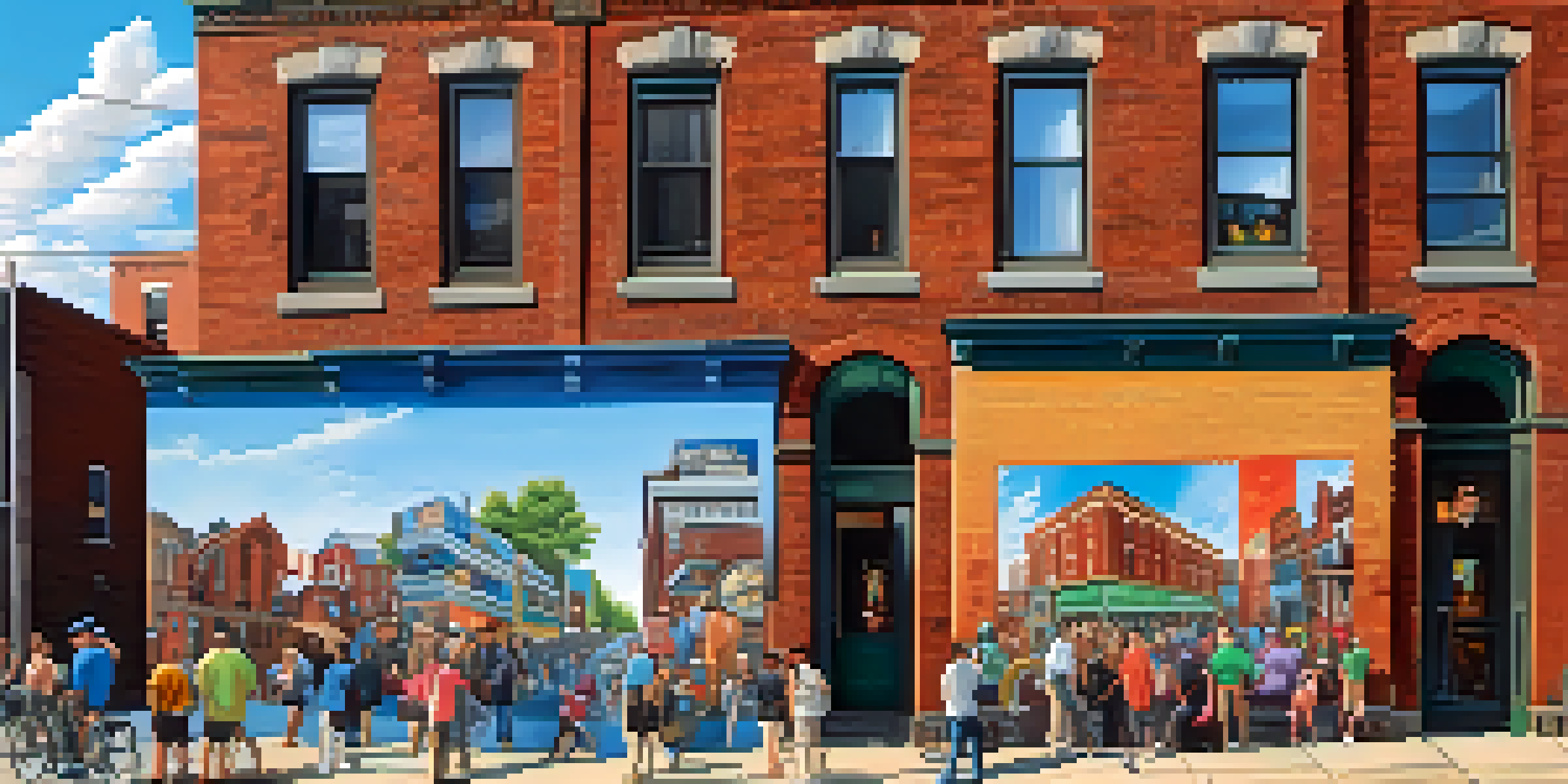 A lively street scene in Buffalo with local artists painting colorful murals on buildings, surrounded by admirers under a clear blue sky.