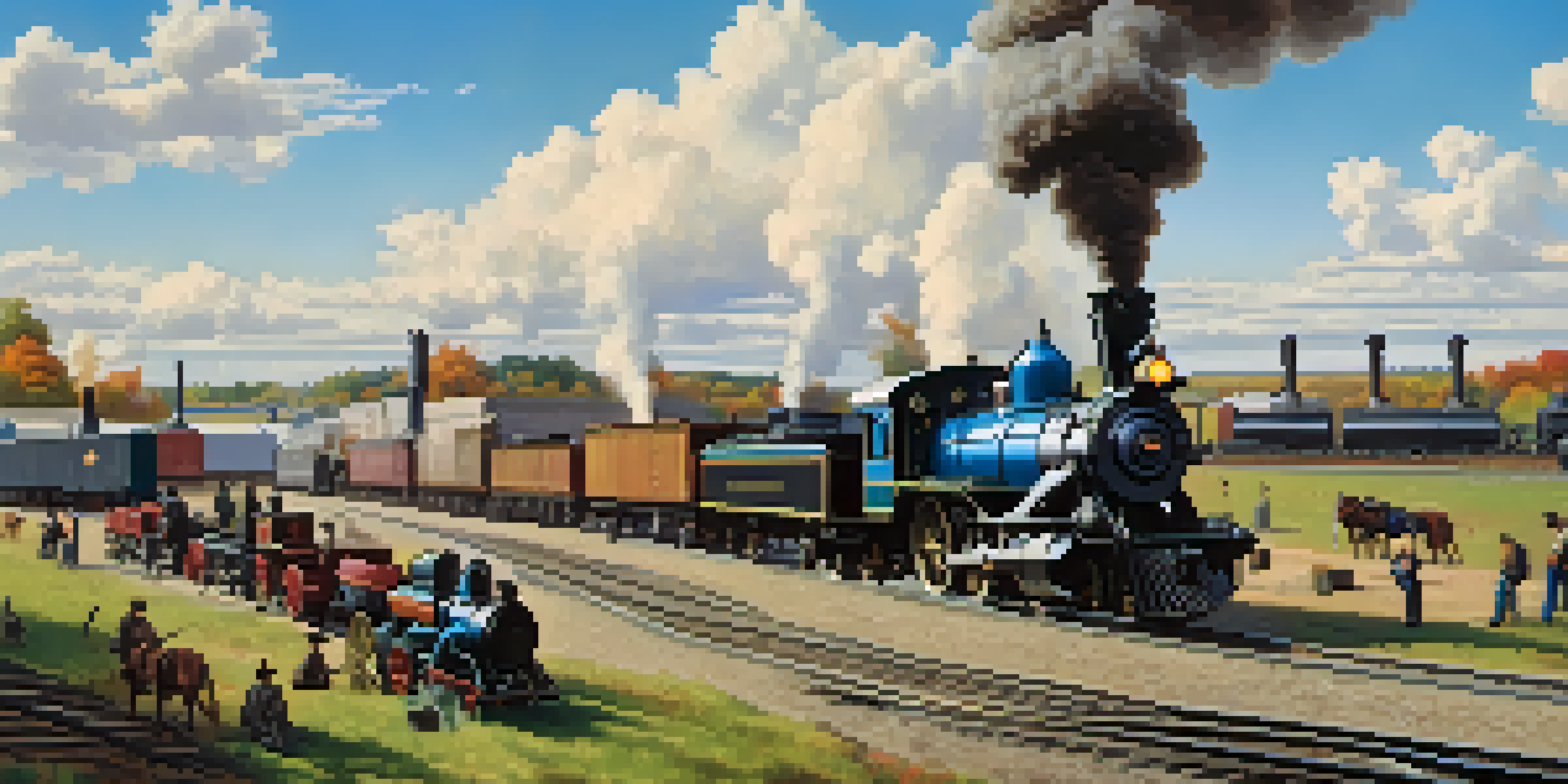 A lively historic railroad yard in Buffalo with steam locomotives, freight cars, and workers unloading goods.