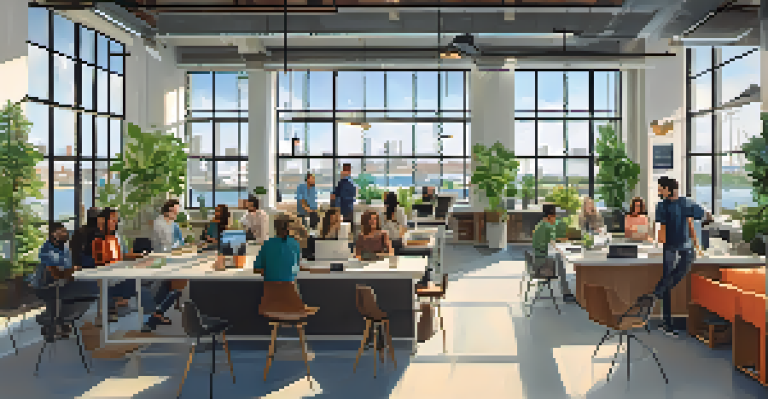 A bright co-working space in Buffalo with diverse individuals collaborating and a view of the waterfront outside.