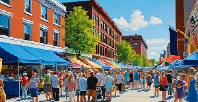 A lively outdoor art festival in Buffalo with colorful booths, artists, and visitors enjoying food and music.