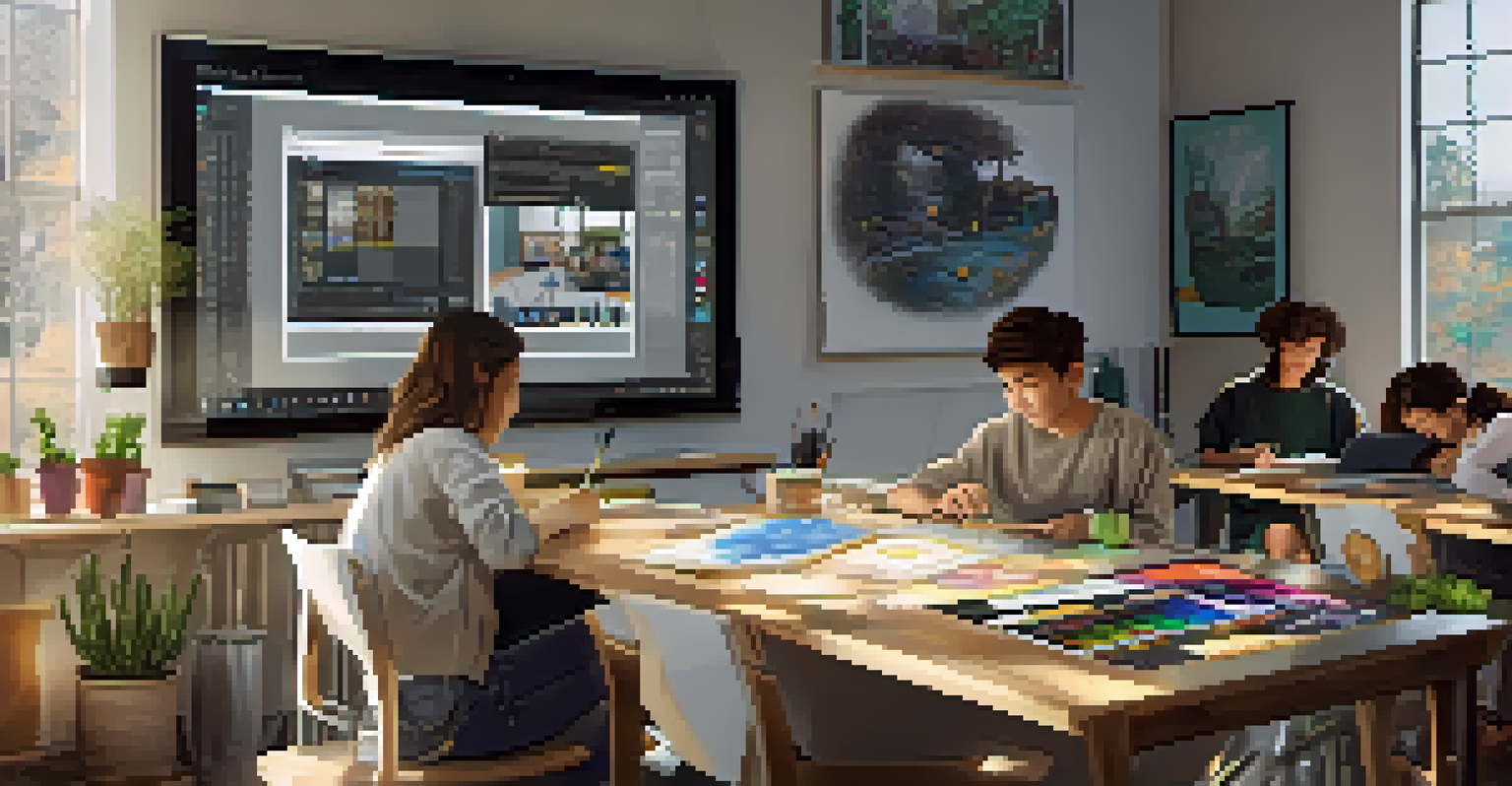 Students in a cozy art studio using digital art software on tablets, surrounded by inspirational art and natural light.