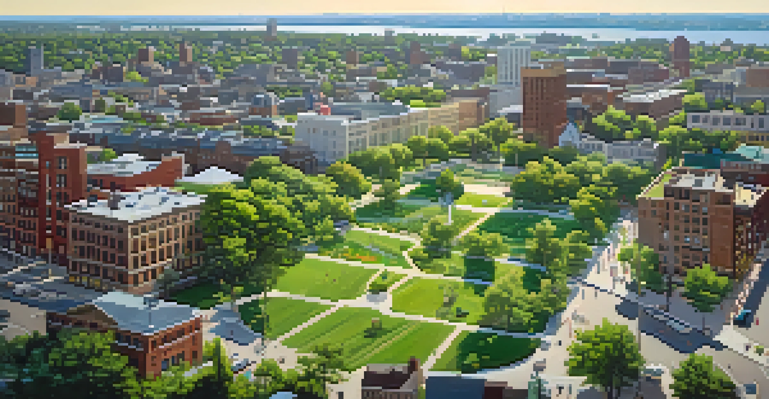 Aerial view of Buffalo showing green parks and urban architecture during summer.