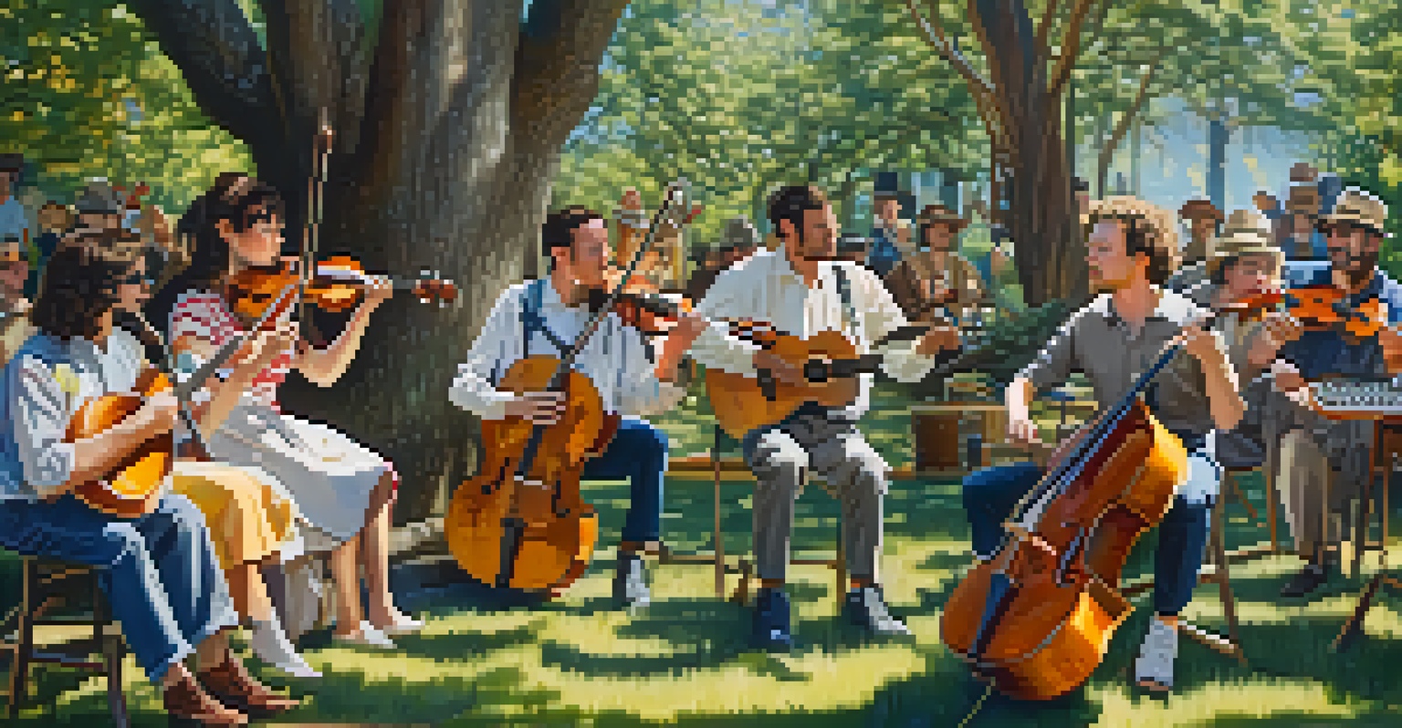 A close-up of the folk band Julie and the Wayfarers performing outdoors, showcasing their instruments and engaged expressions.