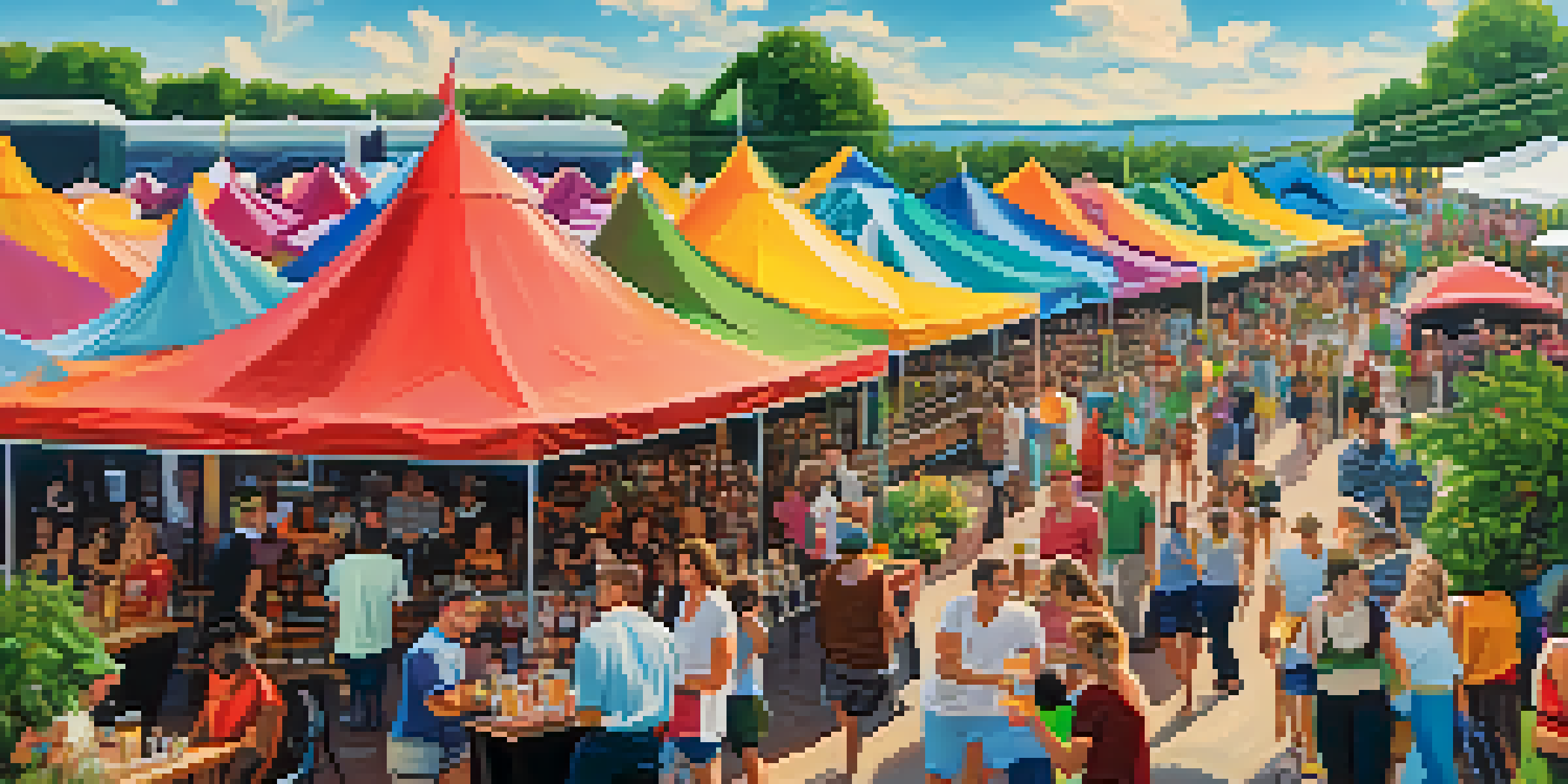 A lively outdoor beer festival in Buffalo, featuring colorful tents, people enjoying craft beers, food trucks, and greenery.