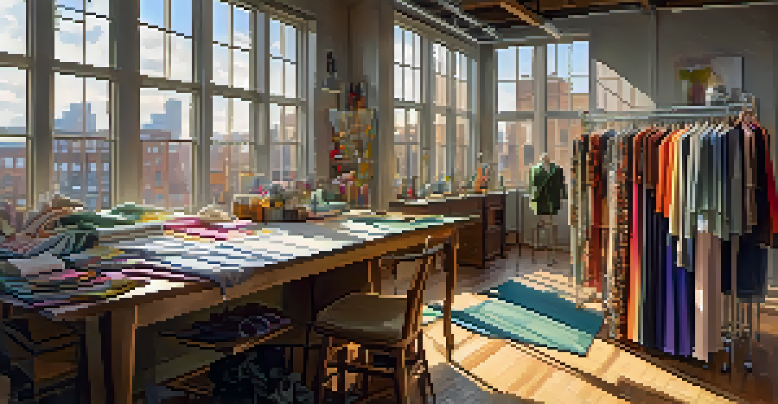 A fashion designer's studio in Buffalo with sketches, colorful fabrics, and a mannequin wearing a sustainable garment.