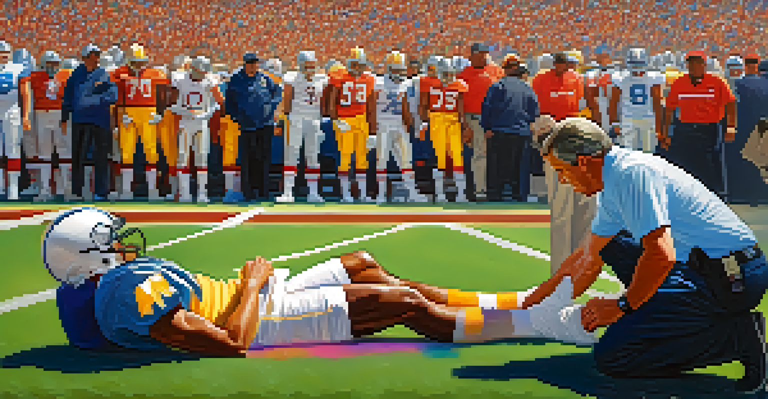 An athletic trainer treating a player's injury on the sidelines during a game, with fans in the background.