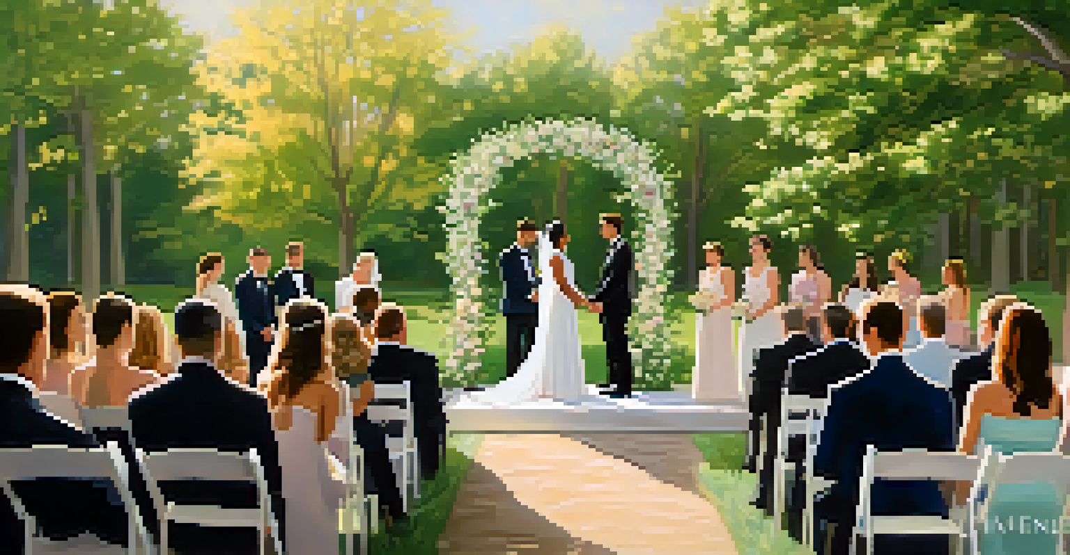 A touching moment at a same-sex wedding ceremony in a park, featuring a couple holding hands with blooming flowers and soft sunlight in the background.