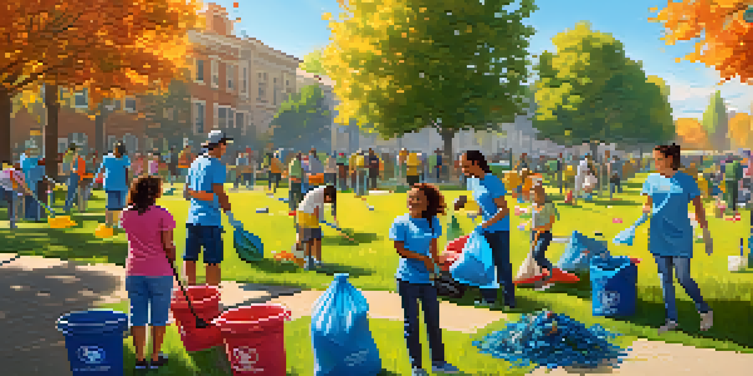 A diverse group of volunteers cleaning up a park, promoting community engagement and teamwork under a sunny sky.