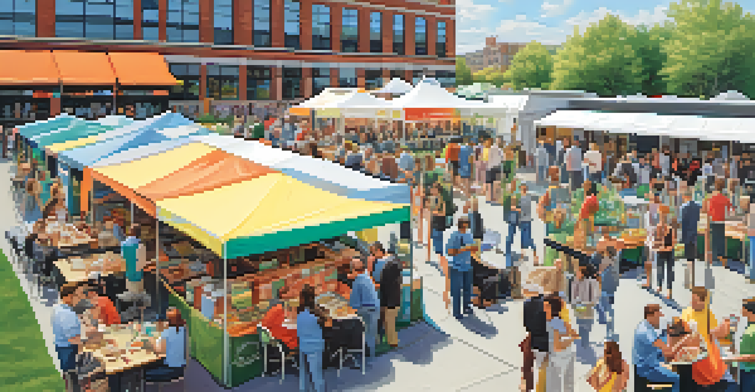 A sunny outdoor networking event in Buffalo with tech professionals mingling around booths and food trucks.
