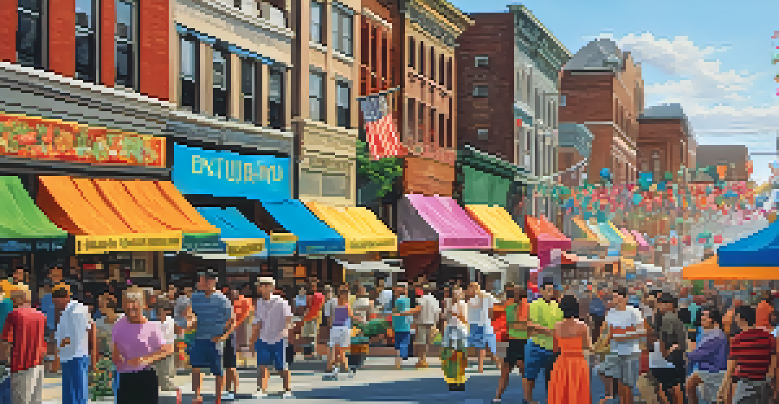 A lively cultural festival in Buffalo with performers, food stalls, and historic buildings.