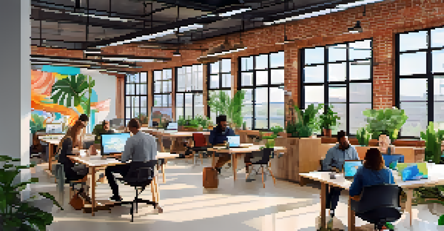 A bright co-working space in Buffalo, showing diverse people working and collaborating together.