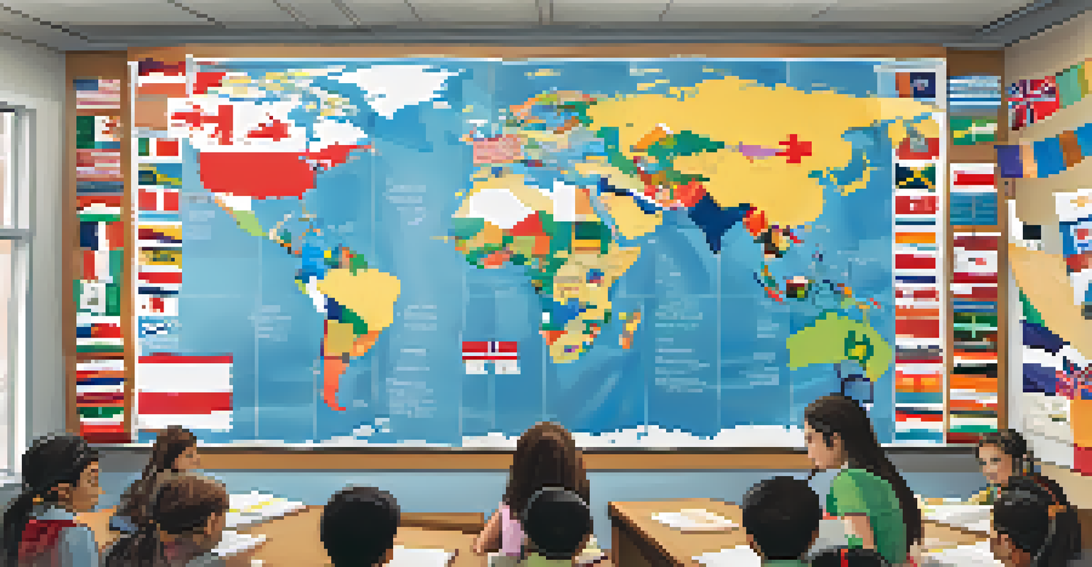 Students in a Buffalo classroom engaging in an educational exchange event, decorated with flags and artwork from their sister cities.
