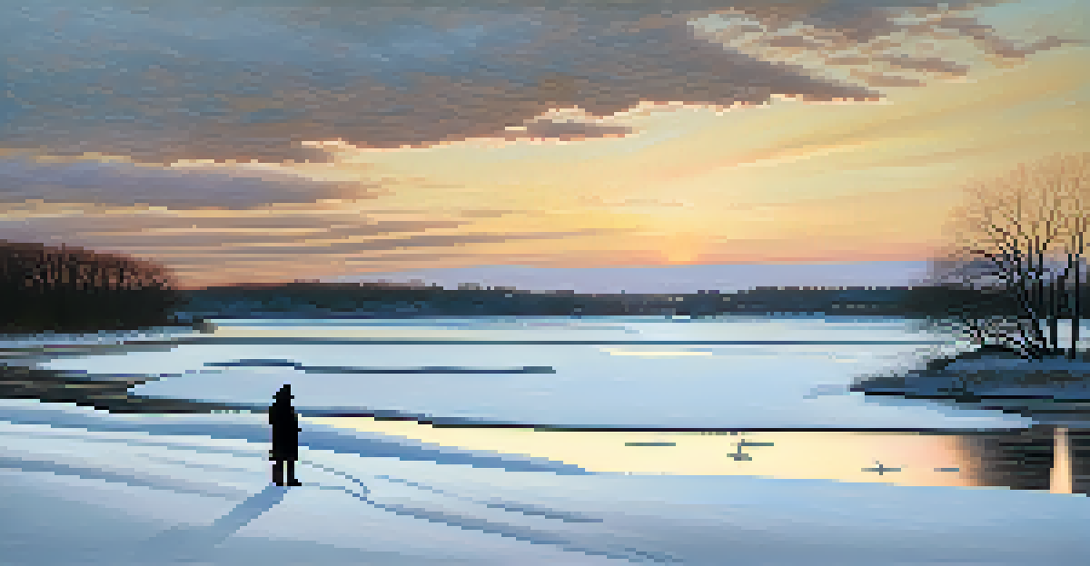 A silhouette of a figure crossing a frozen river towards Canada in a snowy Buffalo landscape at twilight.