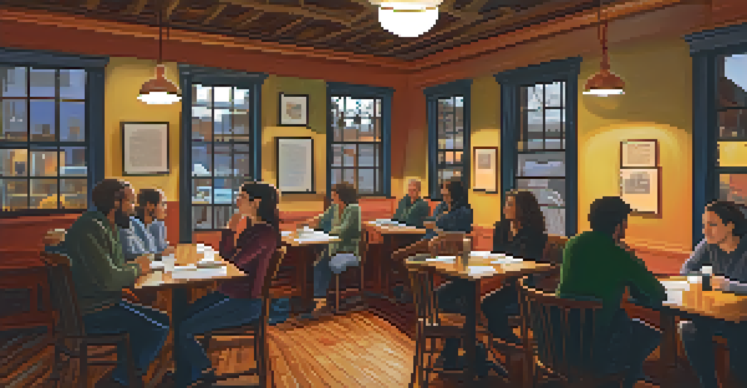 A cozy café in Buffalo during a poetry reading, with a spotlight on a poet and an audience engaged in listening.