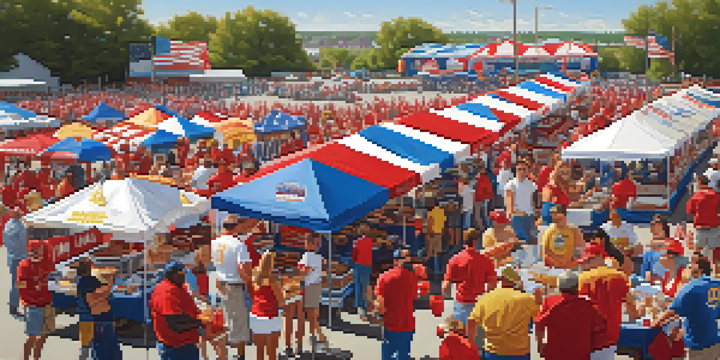 A lively tailgating scene in Buffalo with fans in team colors gathered around grills and enjoying food, under a sunny sky.