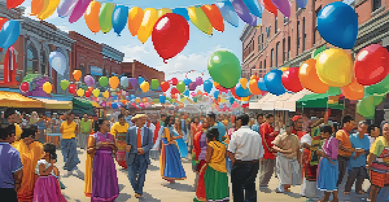 A vibrant cultural festival in Buffalo with diverse attendees in traditional attire, food stalls, and live music, set against historic buildings.