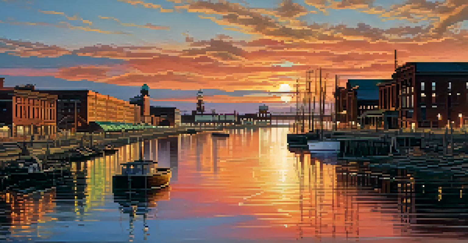 A colorful sunset over Buffalo's waterfront in the late 1800s, reflecting on the water with silhouettes of boats and warehouses.