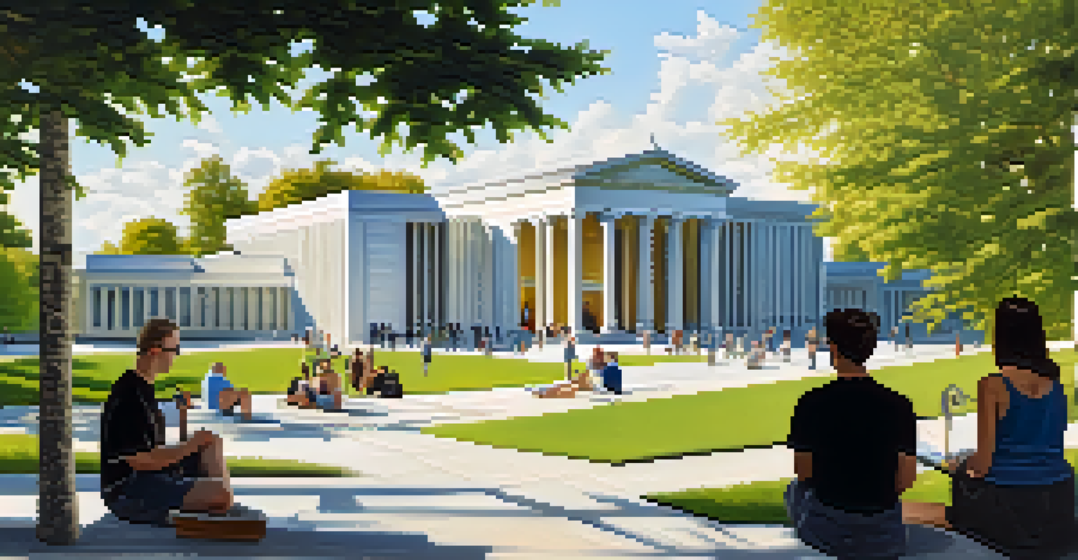 The Albright-Knox Art Gallery in Buffalo, with visitors exploring contemporary art outside, surrounded by greenery and warm afternoon light.