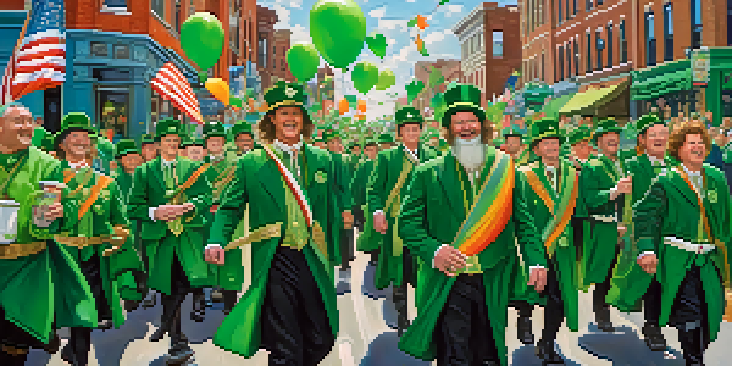A lively St. Patrick's Day parade in South Buffalo with participants wearing green and celebrating with floats and flags.