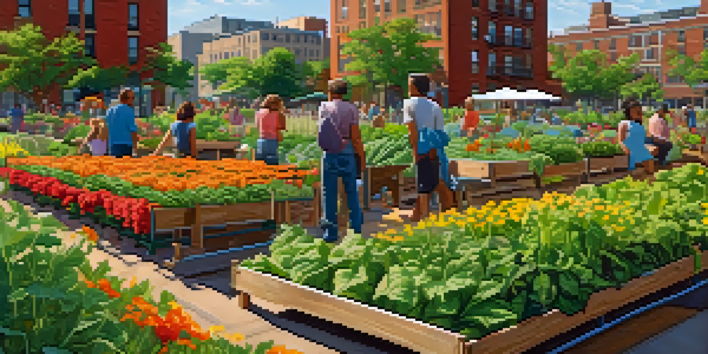 A community garden in Buffalo with lush vegetables and flowers, warm sunlight, and people gardening together.