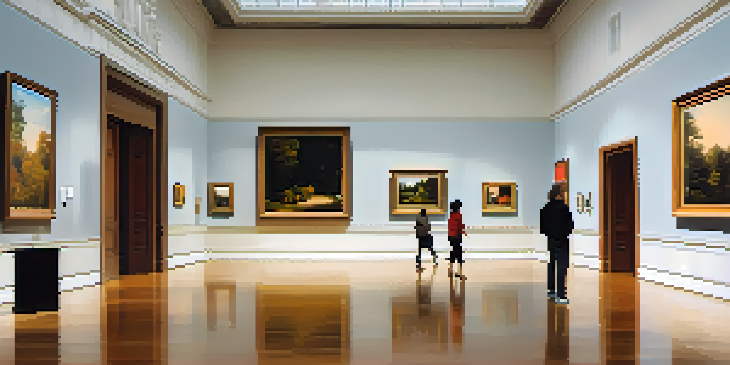 Interior view of the Albright-Knox Art Gallery with visitors observing various artworks in a well-lit space.