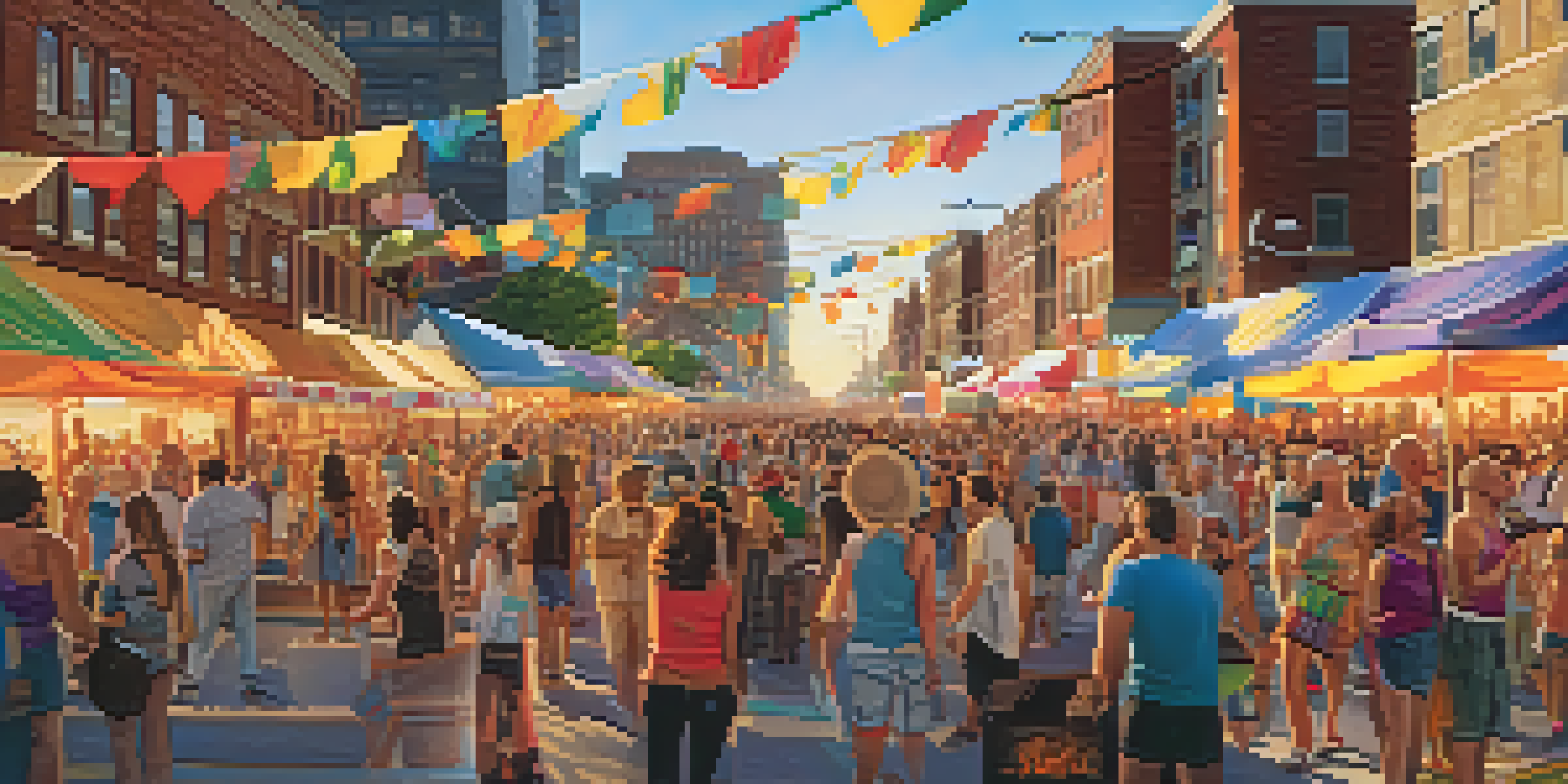 A bustling music festival in Buffalo with a diverse crowd, colorful banners, and food stalls under a warm sunset.