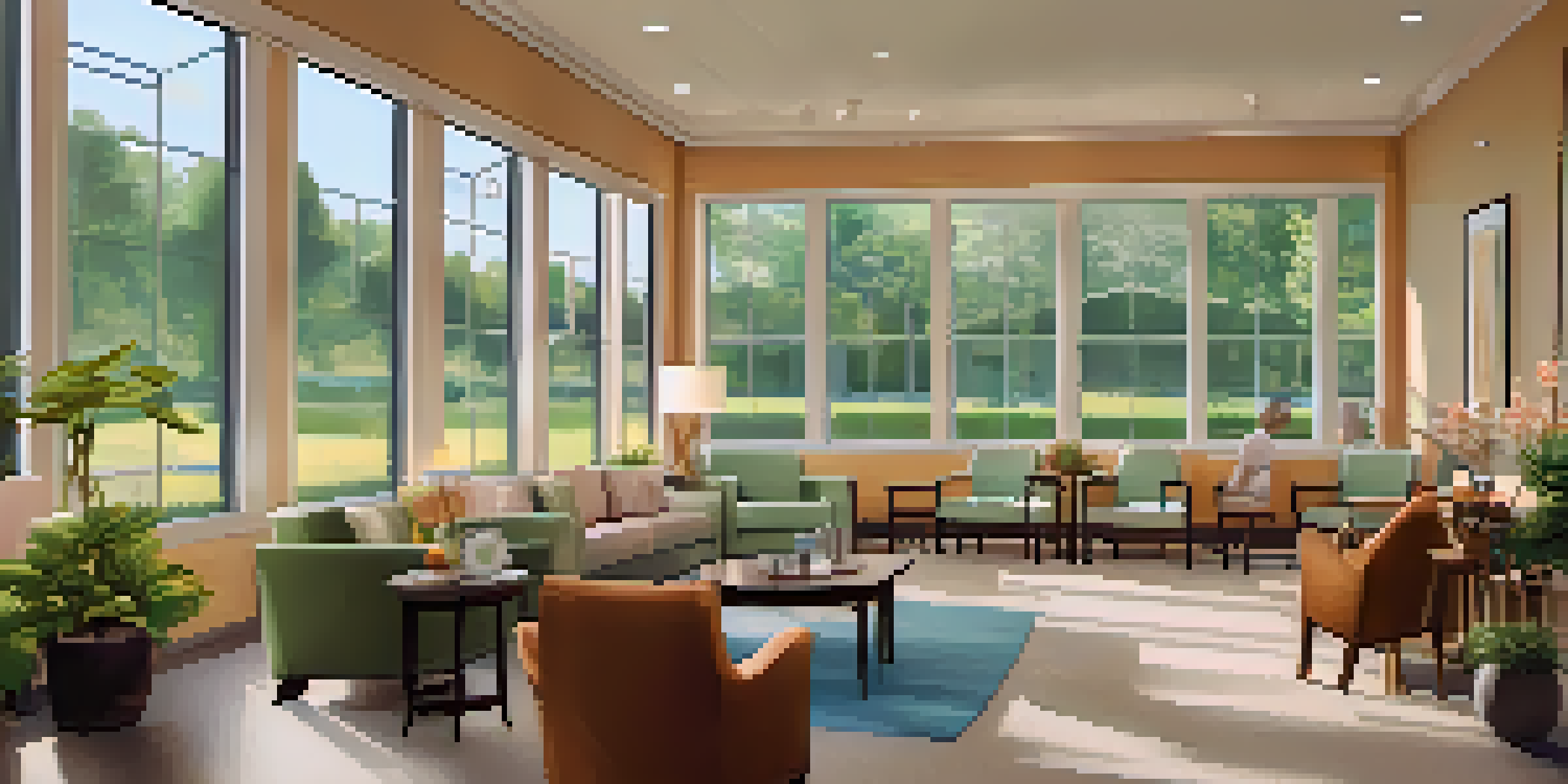 An inviting lounge in an assisted living facility with residents reading and playing games, surrounded by plants and natural light.