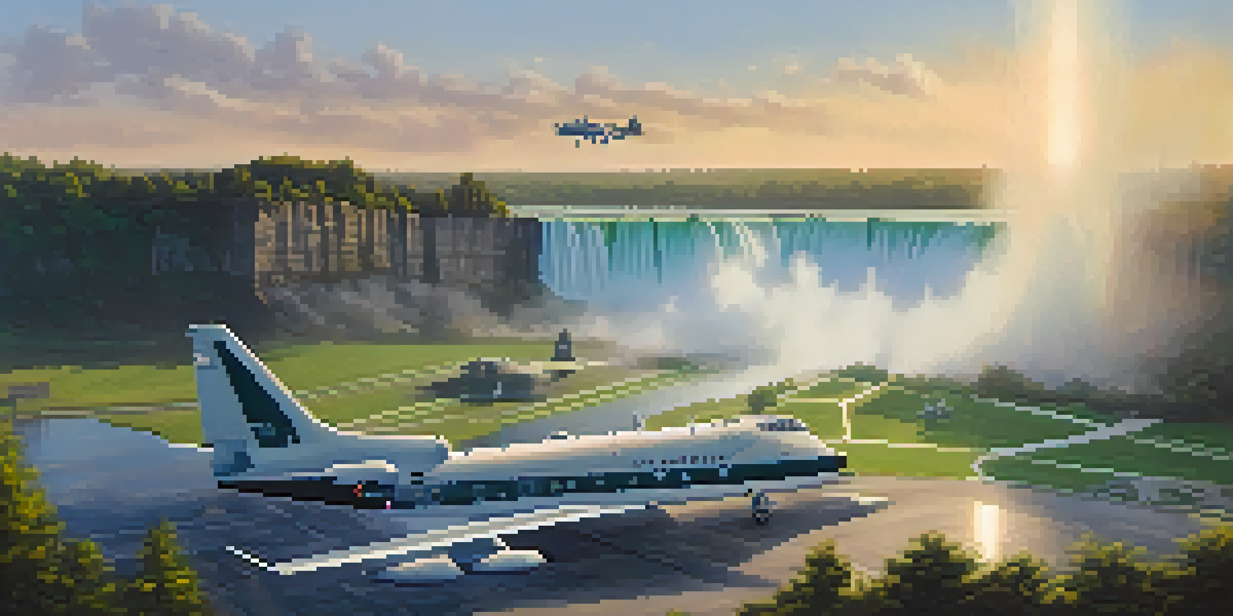 A panoramic view of the Niagara Falls Air Reserve Station with military aircraft at sunrise, lush trees, and mist from the falls.