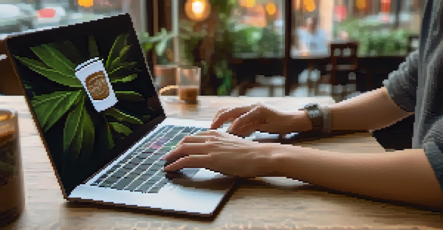 Close-up of hands typing on a laptop in a Buffalo coffee shop with a cup of coffee.