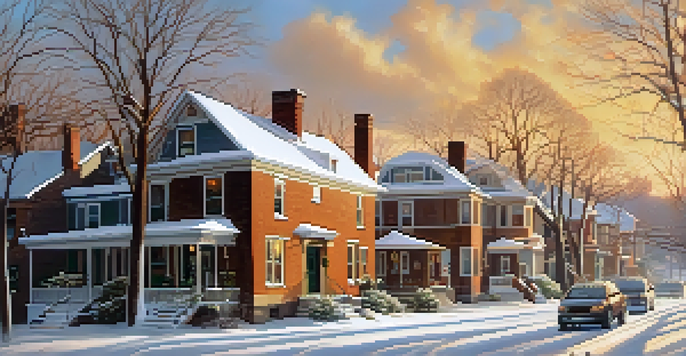 A winter scene in Buffalo with heavy snowfall covering houses and trees, warm light illuminating the snowy landscape.