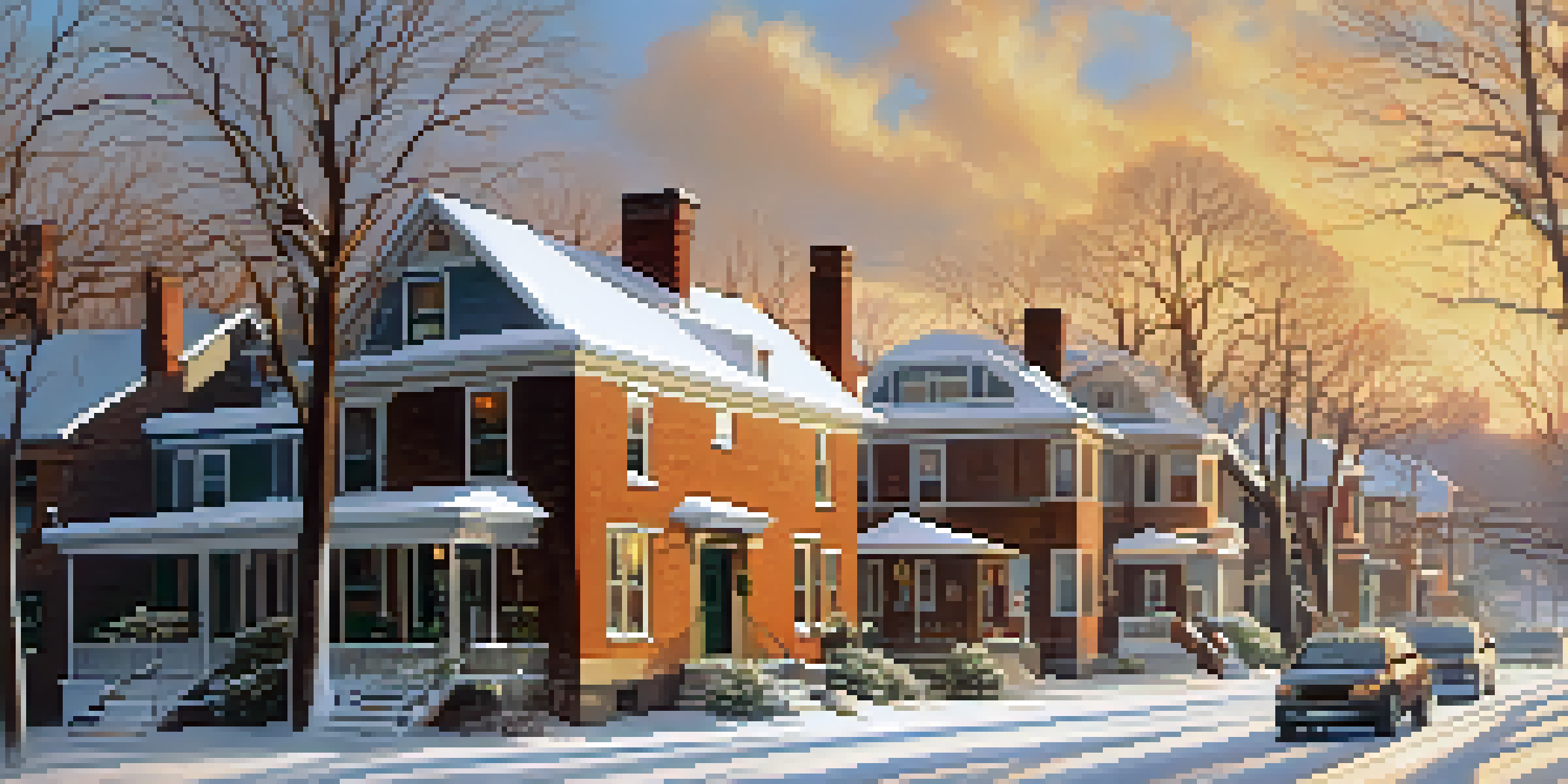 A winter scene in Buffalo with heavy snowfall covering houses and trees, warm light illuminating the snowy landscape.