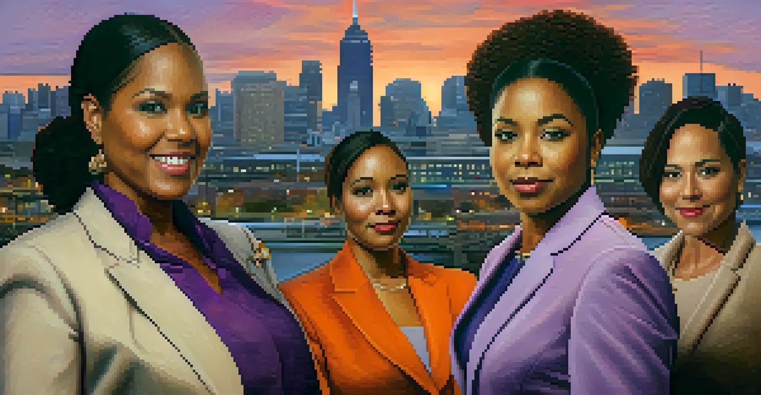 A group of diverse contemporary women leaders standing proudly in front of the Buffalo skyline during sunset.