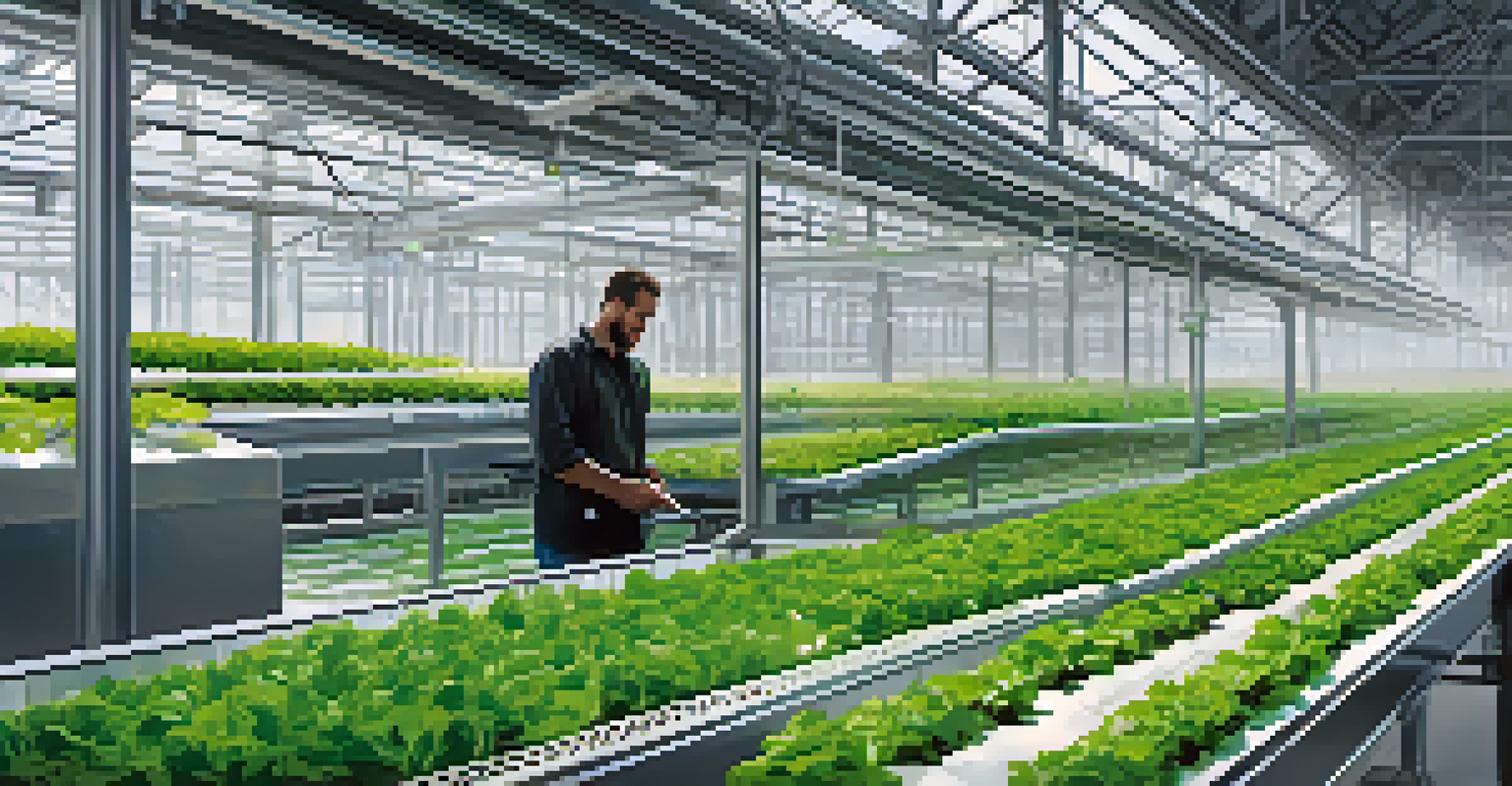 An interior view of a modern greenhouse in Buffalo with vertical hydroponic systems filled with fresh greens and herbs, and a farmer inspecting the plants.