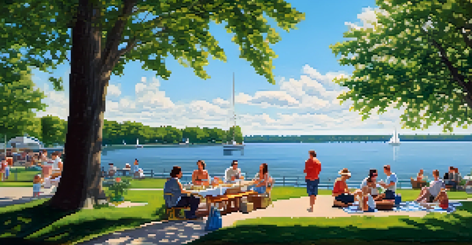 A sunny day at Buffalo's waterfront with families having picnics under shady trees by Lake Erie.