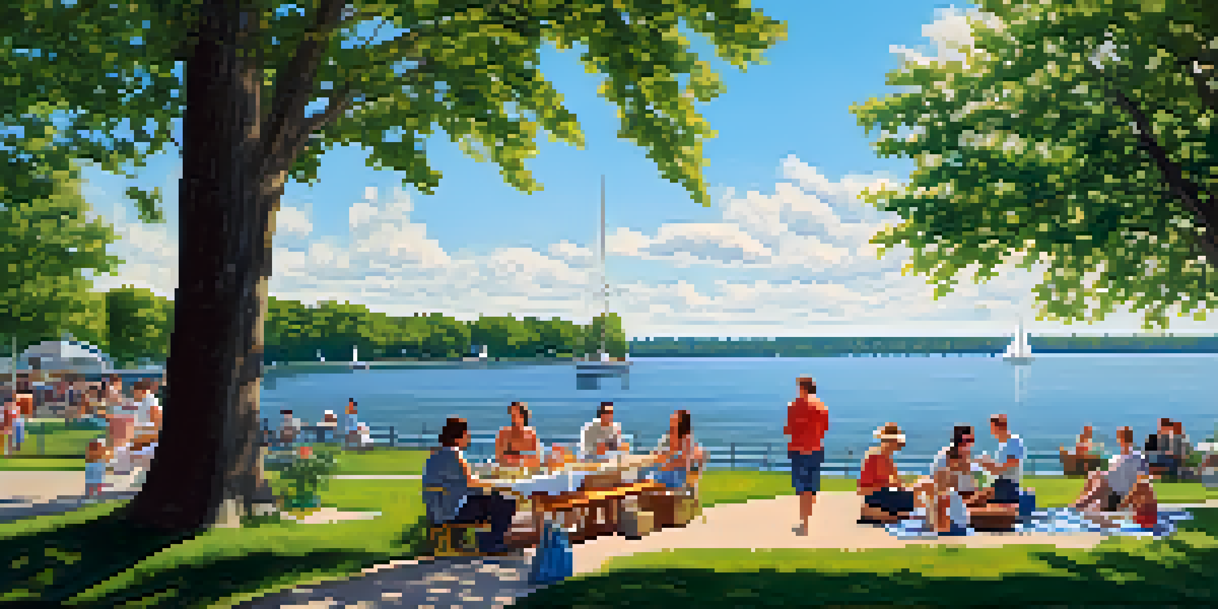 A sunny day at Buffalo's waterfront with families having picnics under shady trees by Lake Erie.