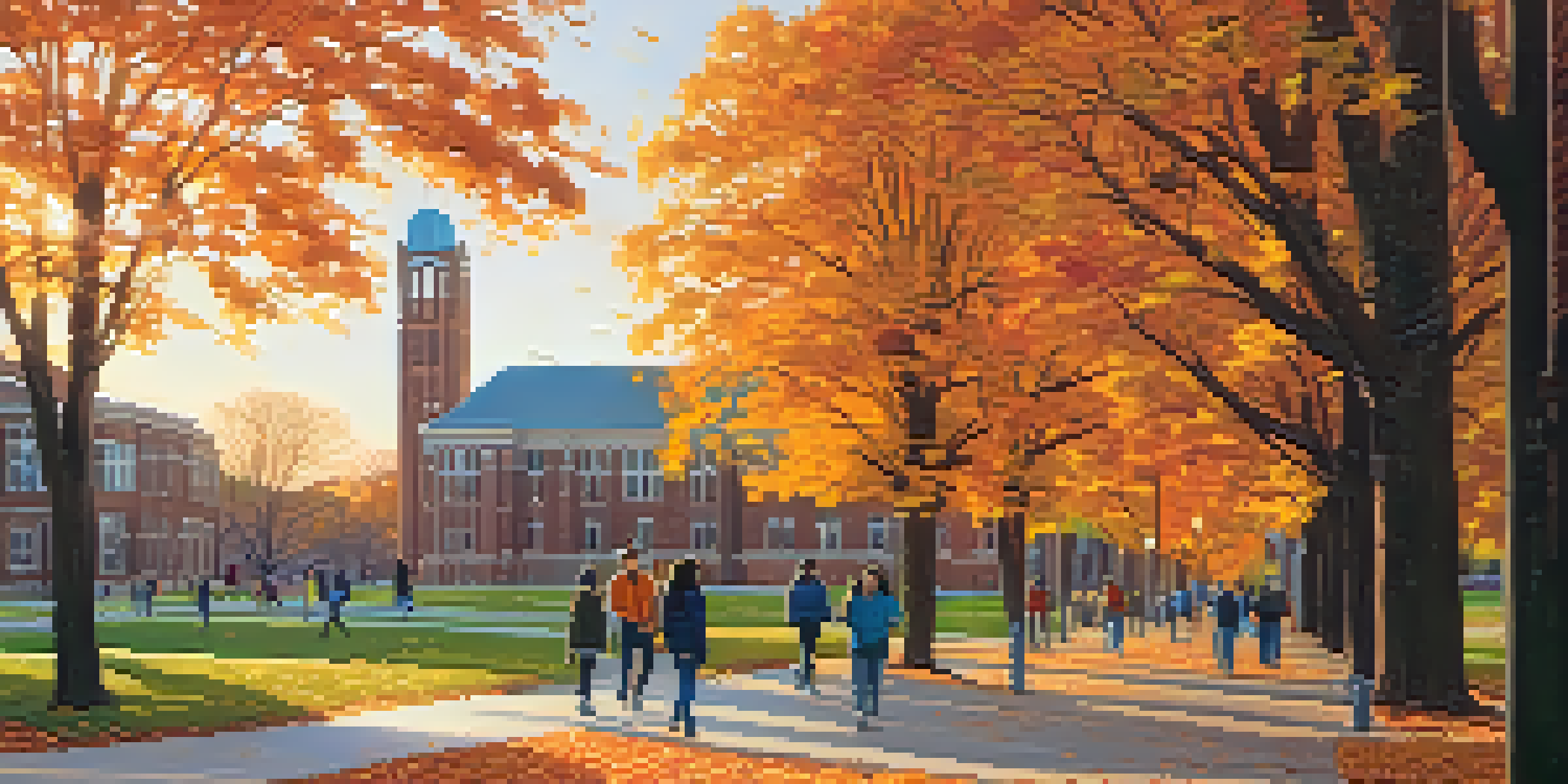 A picturesque autumn scene at the University at Buffalo, showcasing colorful foliage and students on campus.