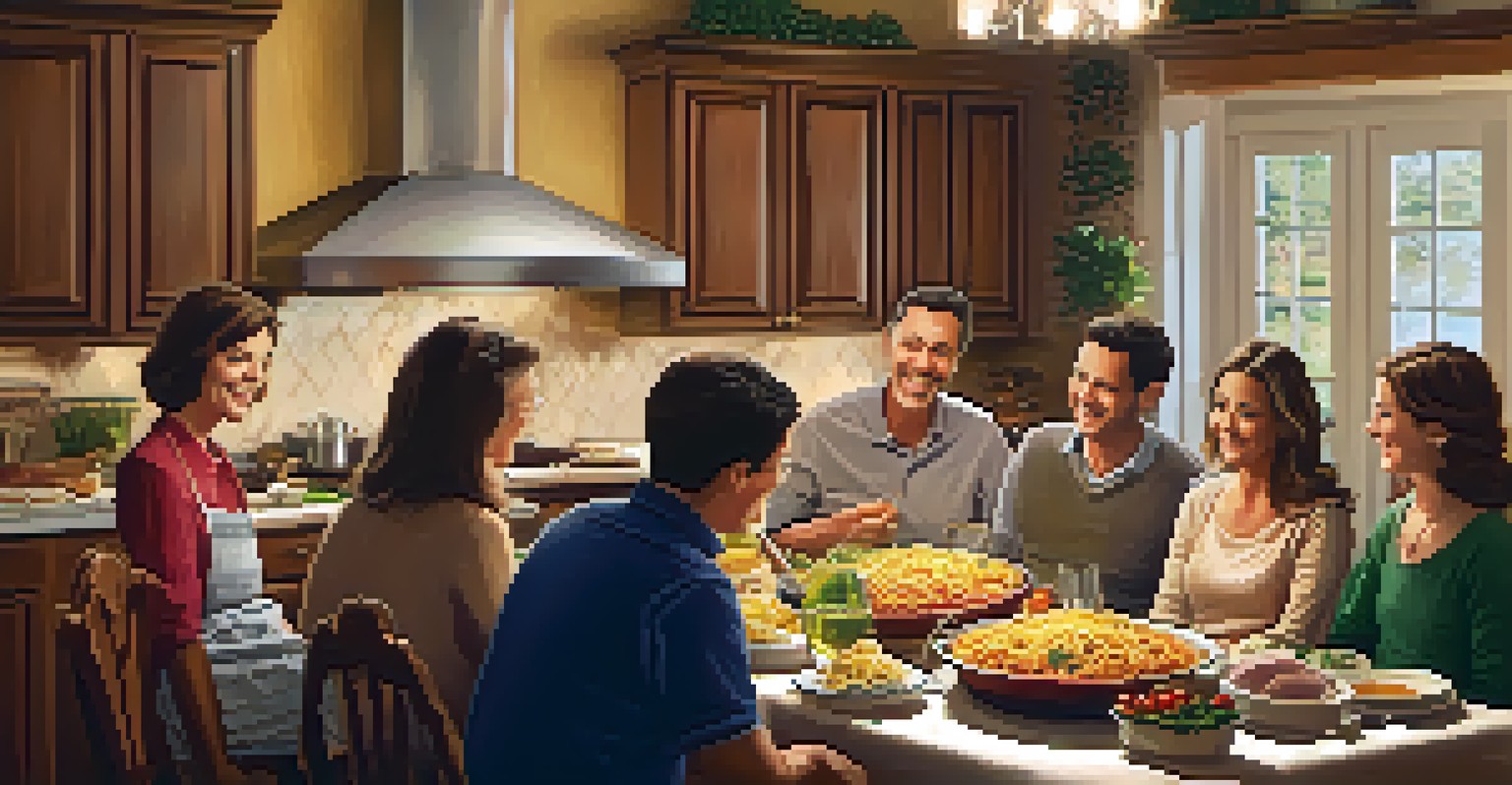 A warm family gathering in an Italian-American kitchen, with a table filled with pasta and lasagna, highlighting family bonds.