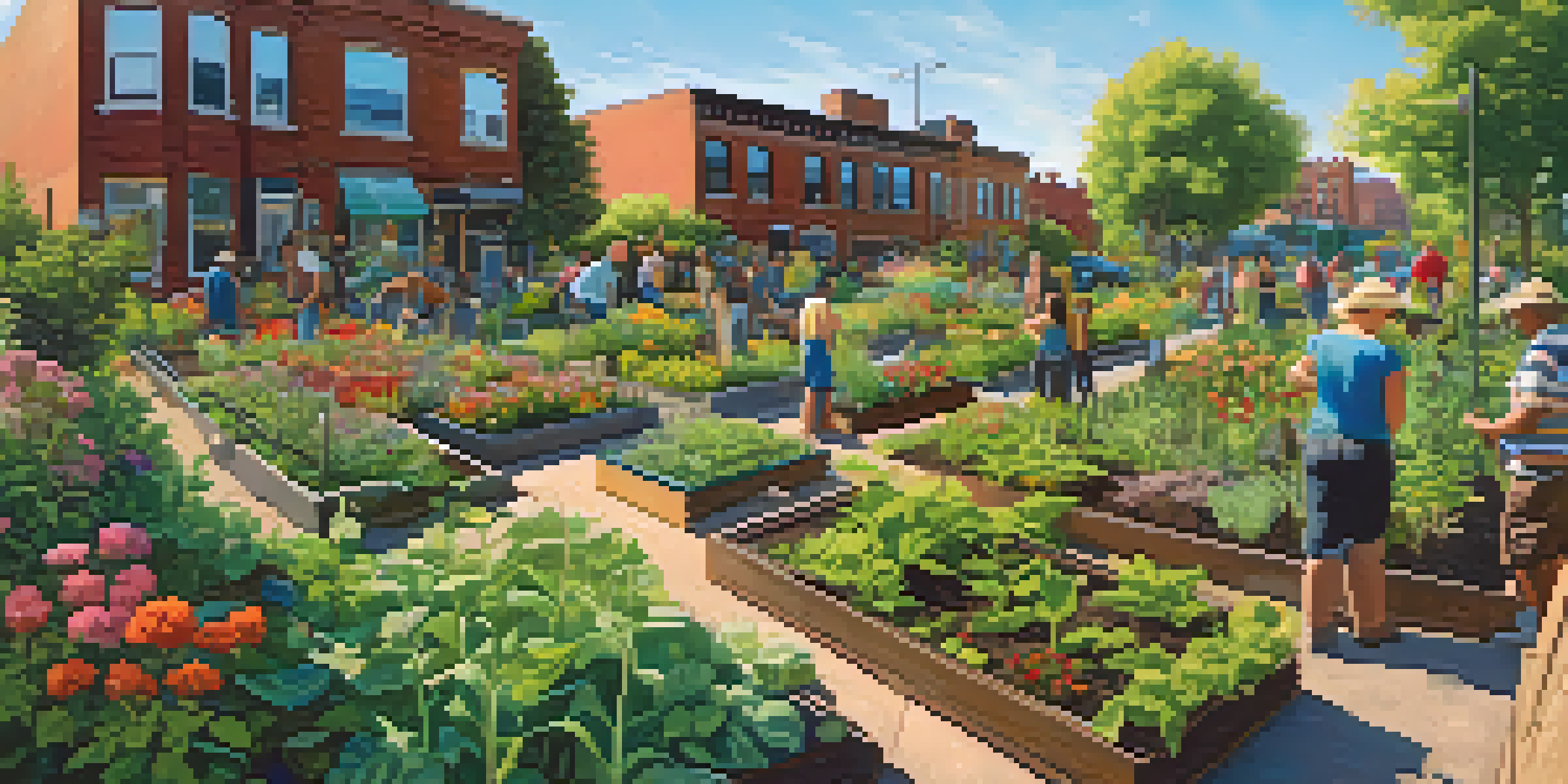 A diverse group of residents working together in a vibrant community garden filled with green plants and colorful flowers under a clear blue sky.